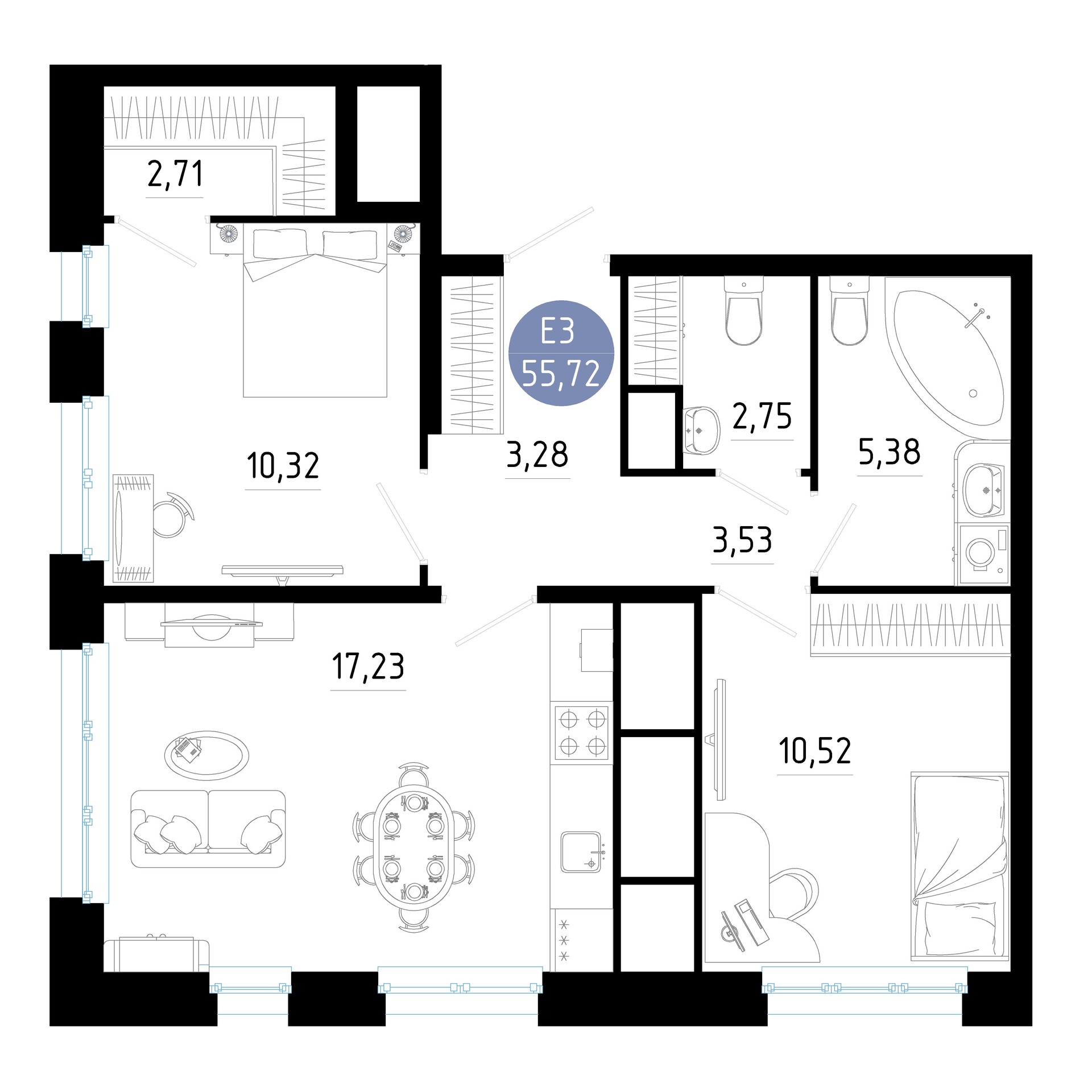 Квартира с двумя спальнями и гостиной 56м² (Евро-3)